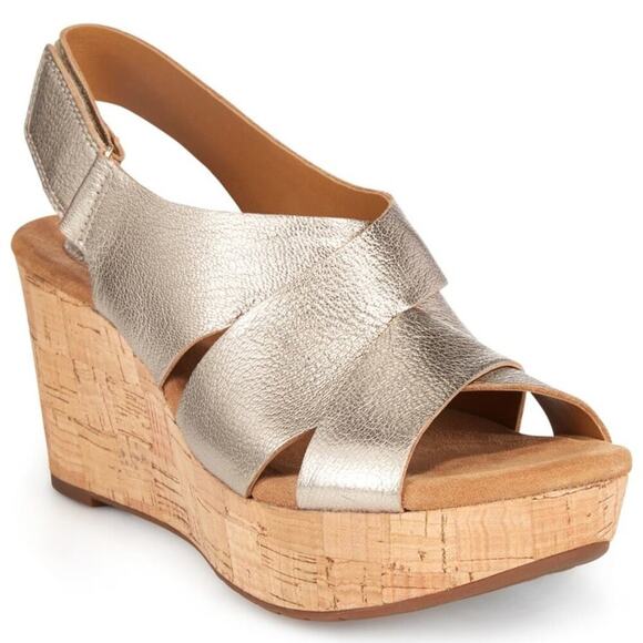 Clarks Shoes - CLARKS Caslynn Diem High Heel Wedge Sandal Gold Metallic Size 7 Office Dressy